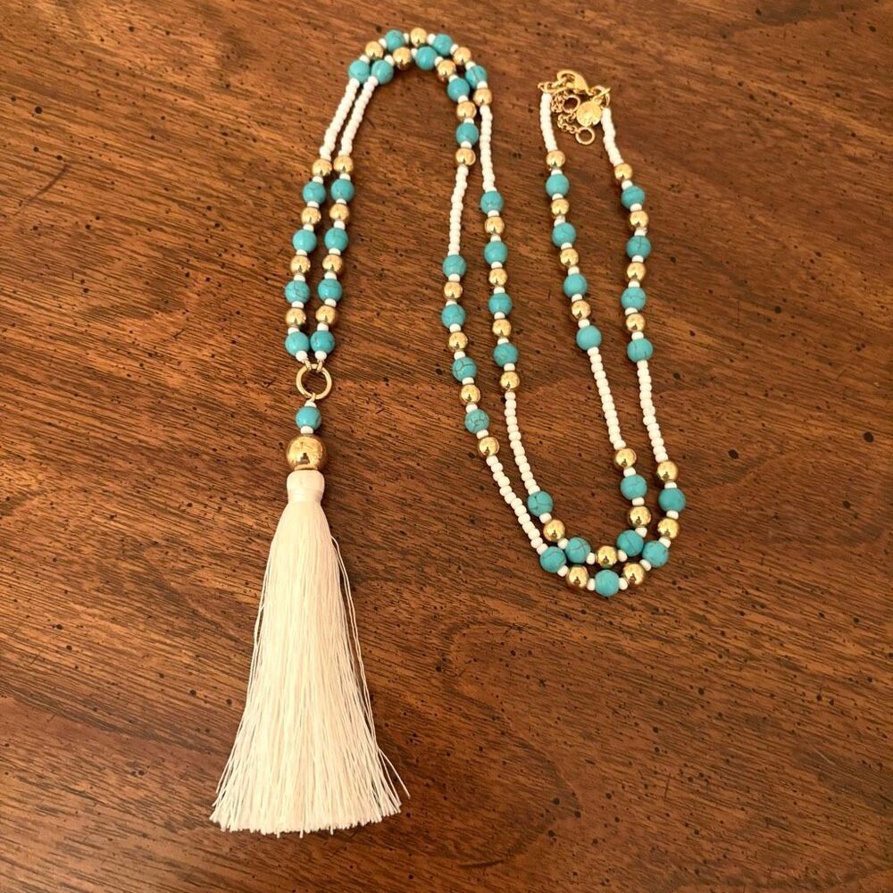 J.Crew | Turquoise Beaded Tassel Necklace | 40” Length